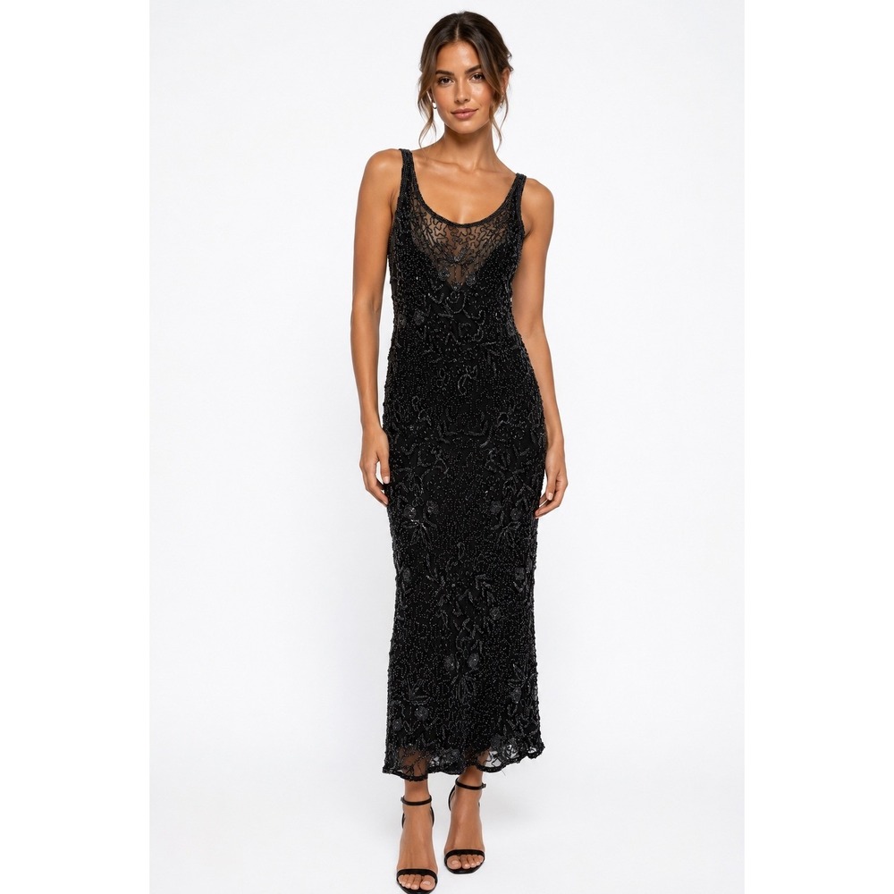 Vintage Scala Silk Beaded Cowl Back Evening Black Floral Sequin Midi Dress XL